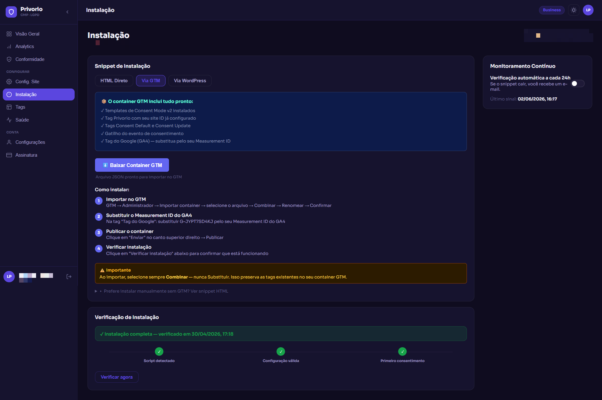 Tela de instalação do Privorio com snippet GTM e verificação automática