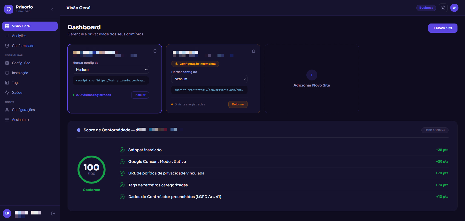Dashboard Privorio — Visão Geral com score de conformidade 100/100