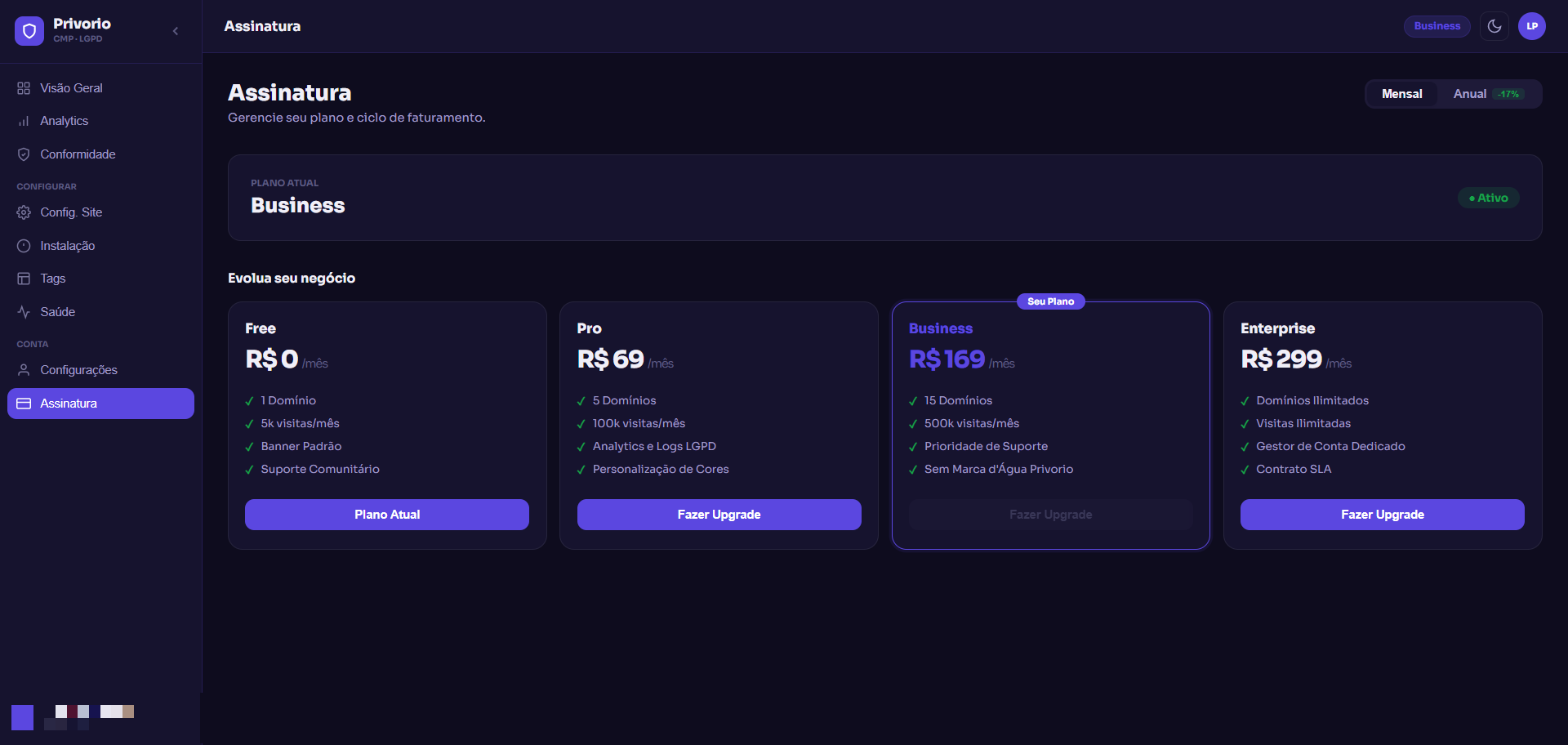Tela de Assinatura com plano atual e comparativo de planos