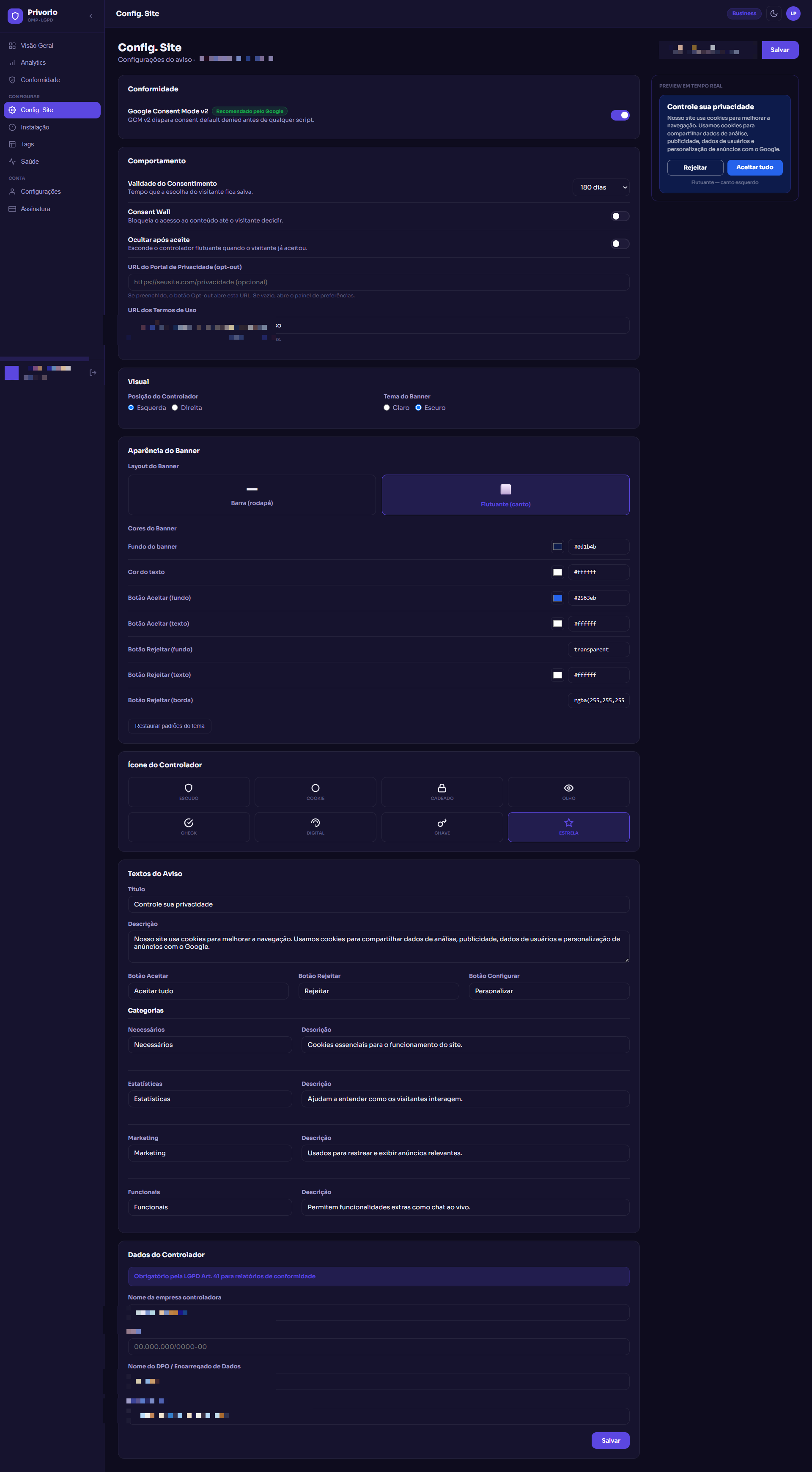 Tela Config. Site com conformidade, comportamento, visual, textos e dados do controlador