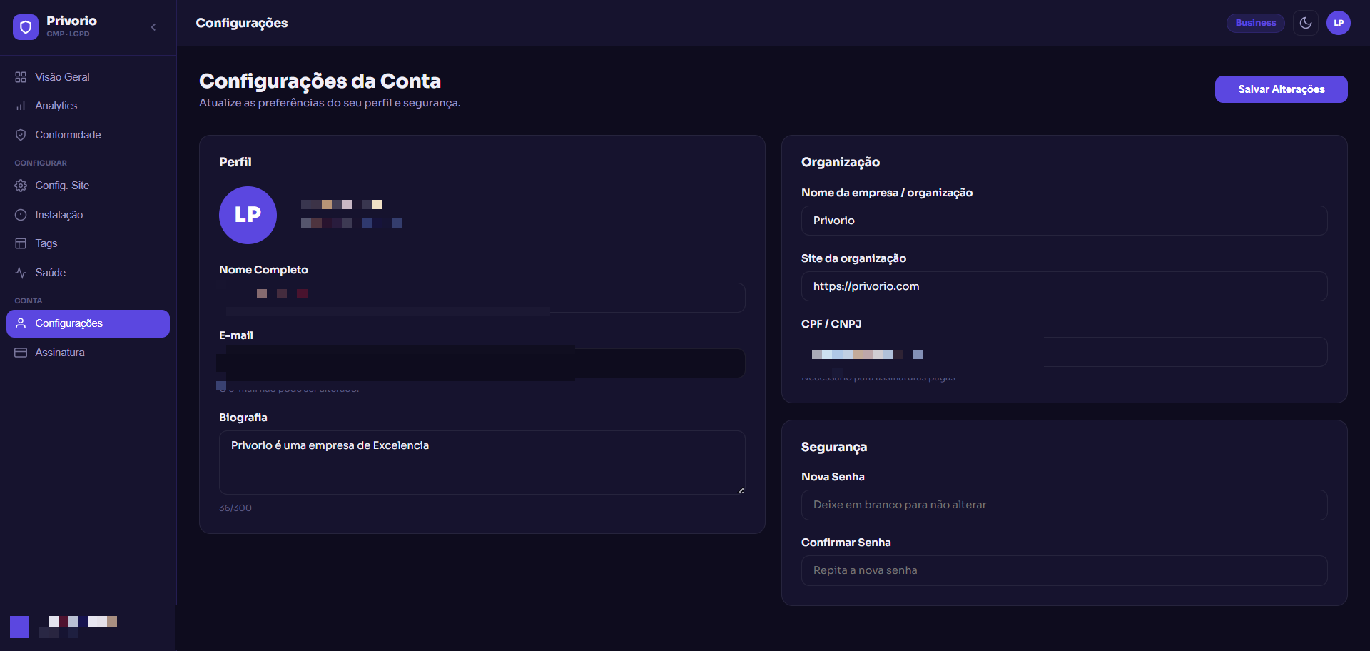 Configurações da Conta com perfil, organização e segurança
