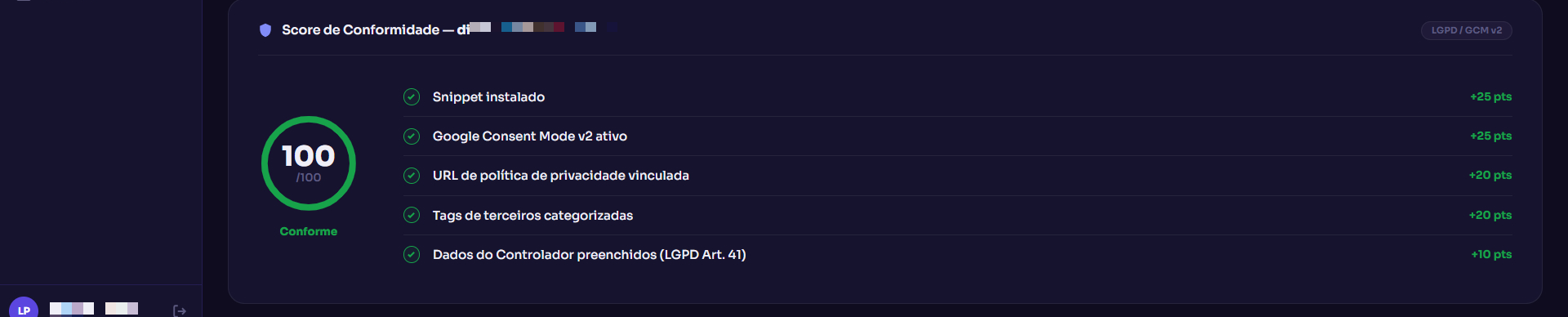 Score de Conformidade com a soma de pontos por requisito atendido